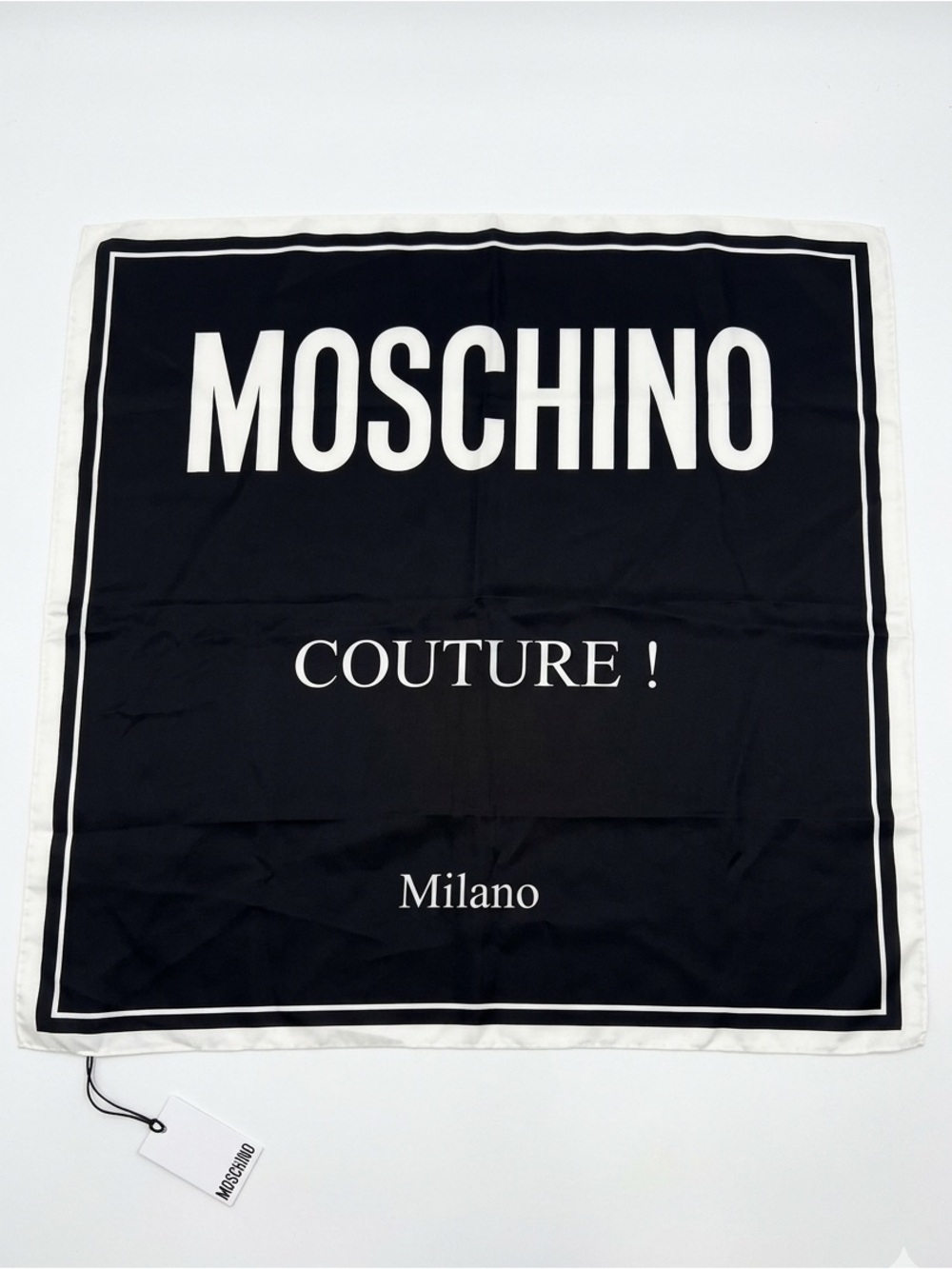 NWT Moschino Couture Milano Black White Logo Silk Square Scarf Italy